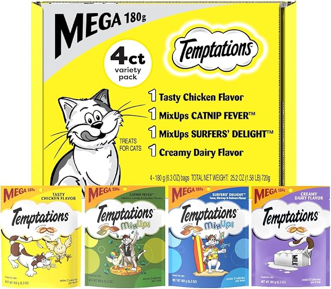 Temptations Cat Treats Classic Crunchy and Soft Cat Treats Variety Pack, 6.3 oz. Pouches (Pack of 4)