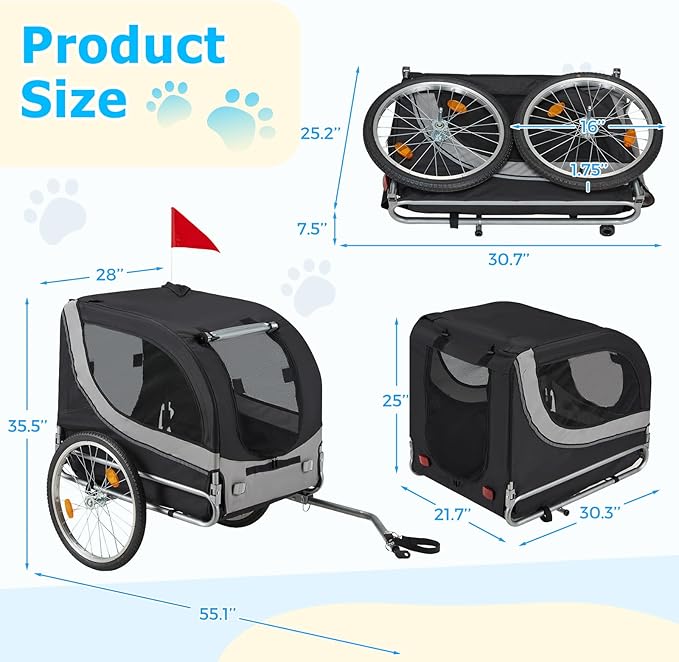 Foldable Pet Bike Trailer for Dogs up to 88 lbs – Universal Hitch Bicycle Carrier with Shock‑Absorbing Tires, Mesh Ventilation & Quick‑Release Wheels (55″/57″)