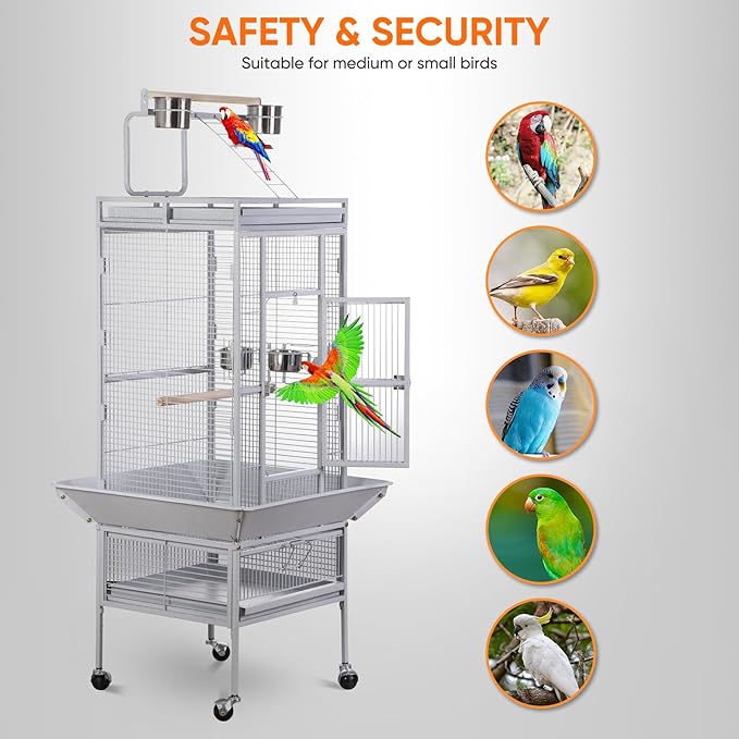 LEMY 61 Inch Bird Cage,Large Iron Flight Parakeet Cage with Play Top and Rolling Stand,White Indoor&Outdoor Use Birdcage for Parrots,Cockatiels,Conures,Lovebirds, Small Birds