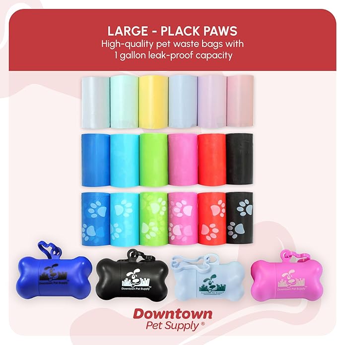 Downtown Pet Supply Poop Bags for Dogs with Dispenser, 220 Count - Leak-Proof Dog Waste Bags and Bone-Shaped Dog Poop Bags Holder for Leash - Black with Paw Prints, 12.5" x 8.5"