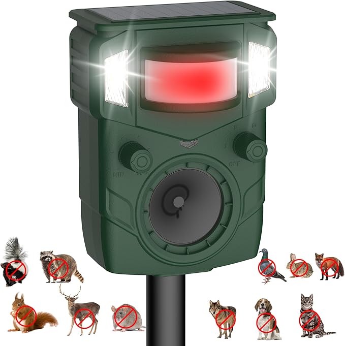 Solar Ultrasonic Animal Repellent, Multi-Modes Deer Repellent Devices,Cat Deterrent Outdoor, Squirrel Raccoon Dog Deterrent with Motion Sensor & Ultrasonic Waves for Garden Yard 1PC Green