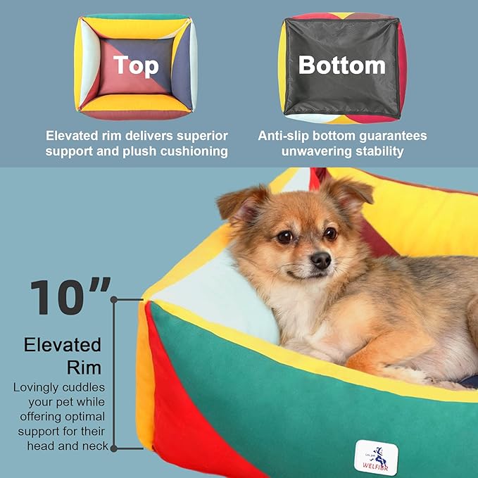 Washable Rectangle Dog Bed with Removable Cover, Color-Block Gingham Cotton Pet Sofa, Breathable Scratch Resistant Dog Bed, Medium