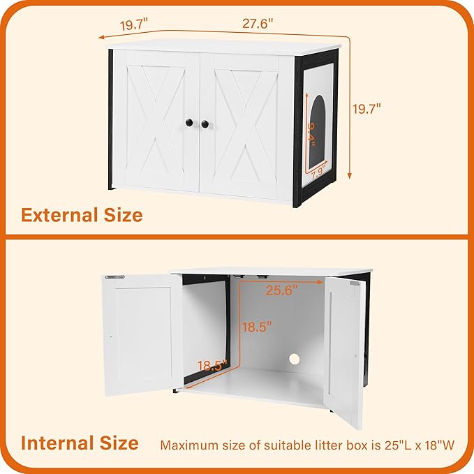 Dwanton Litter Box Enclosure, Cat Litter Box Furniture Hidden, Reversible Entrance Can Be on Left or Right Side, Wooden Cat Washroom Indoor, White, 27.6 Inches