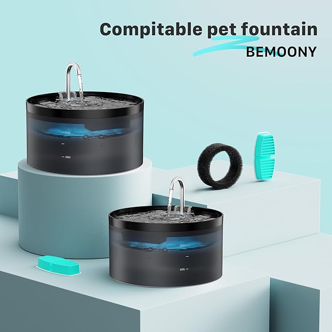 BEMOONY Cat Water Fountain Filters : Pet Water Fountain Replacement Filter - 24 Packs of Cat Fountain Filters (12 Carbon Filters + 12 Sponges) - Multiple Filtration Please Replace it Every 2-3 Weeks