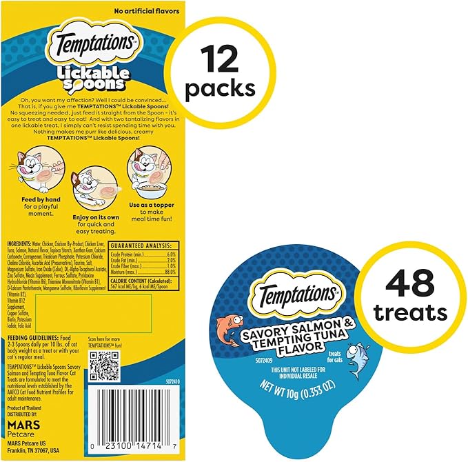 Temptations Lickable Spoons, Soft Lickable Cat Treats, Adult Wet Cat Treats, Savory Salmon and Tempting Tuna Flavor, 4 Spoons, Pack of 12 (48 Total)