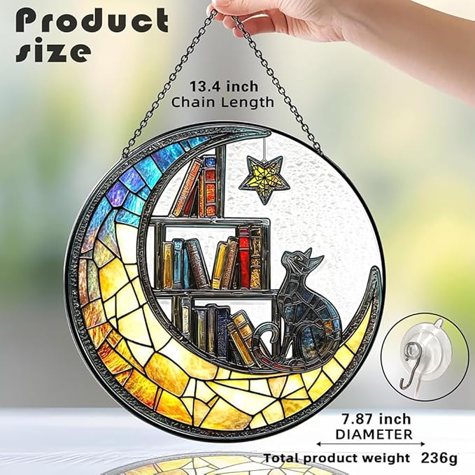 Cat Suncatcher - Sun Catchers Indoor Window, Celestial Stained Glass Window Hanging Decor with Star & Bookshelf Design, Pet Memorial Gift for Cat Lovers, Grieving Pet Owners, or Gothic Home Aesthetic