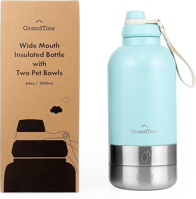 GrandTies Insulated Portable Dog Water Bottle with 2 Detachable Water Bowl Dispenser | Leak-Proof Dog Food Travel Container | Accessories for Dogs Walking, Hiking, Camping (64oz, Powder Green)