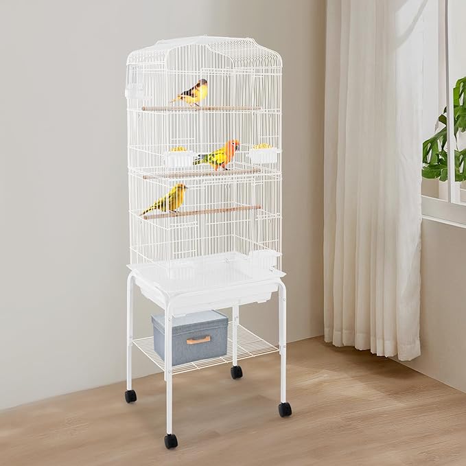 54 inch Metal Bird Cage,Large Parakeet Cages for Parrot,Cockatiel, Lovebird,Birdcage with Wheels,Roof Top,Storage Shelf (White)