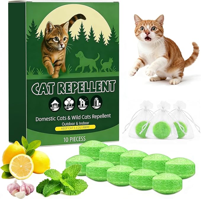 10 Pack Long-Lasting Cat Deterrent Balls with Natural Oils - Outdoor Indoor Repellent for Yard, Garden, Lawn, Furniture & Plants, Safe for Pets