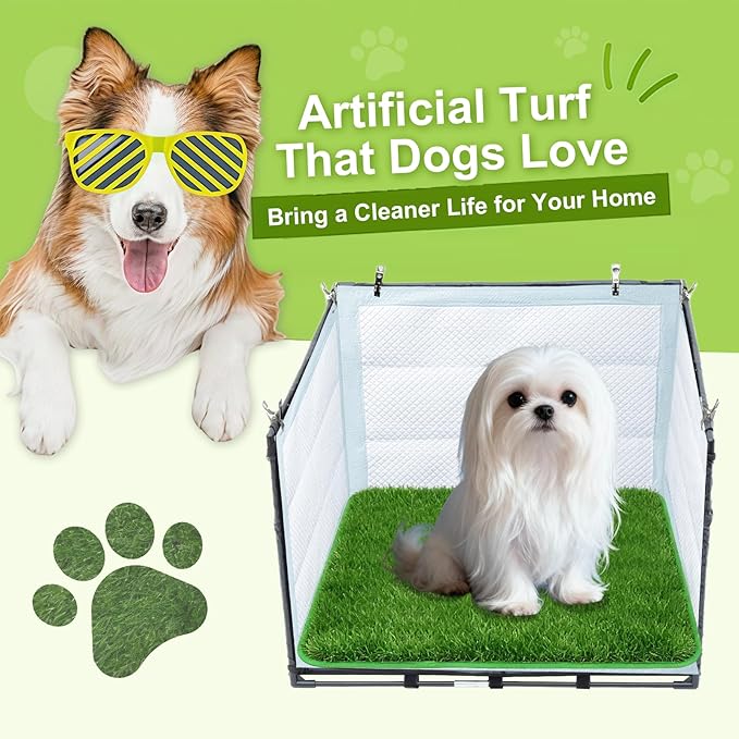 High Walls Dog Pee Pad Holder with Artificial Grass-Foldable Indoor Dog Potty Tray,Waterproof Pee Pad Holder for Small to Medium Dogs,Portable Litter Box with Washable Grass Mat (Small)