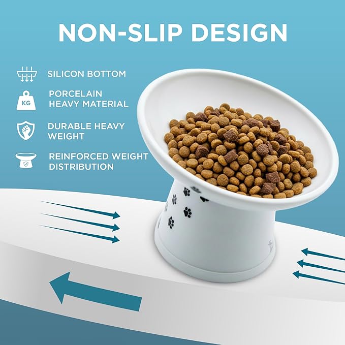 Necoichi Raised Cat Food Bowl – Ceramic Elevated 15° Tilted Cat Bowl for Whisker & Neck Fatigue, Dishwasher Microwave Safe Non-Slip Anti Vomiting Ergonomic Design (Extra Wide Tilted, 1.5-Cup Capacity)