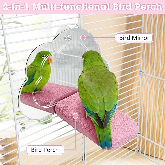 PINVNBY 2 PCS Bird Perch with Mirror Resin Parakeet Perches Hanging Parrot Toys Interactive Bird Cage Accessories for Cockatiel Conure Lovebird Finch (Pink)