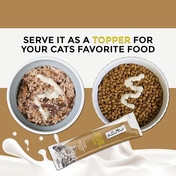 Fussie Cat Super Premium Chicken with Beef in Goat Milk Puree, lickable cat Treats, 0.5oz Pouch Pack of 4