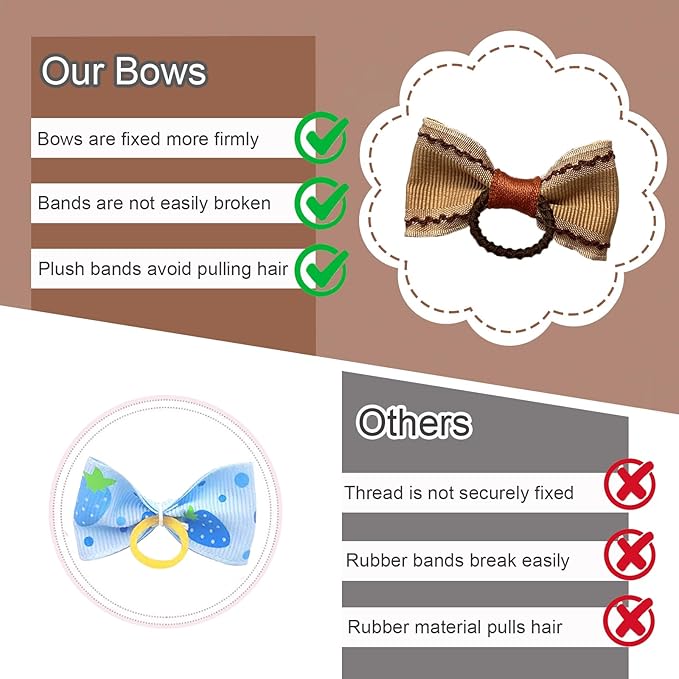 20 Pcs Small Dog Hair Bows with Rubber Bands Handmade Puppy Hair Bows Cute Grooming Flower Ball Bowknot Top Knot Dog Hair Accessories Hair Ties for Yorkie Maltese Pet (Brown)
