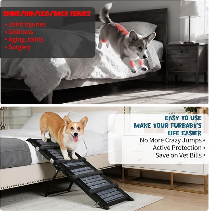 Upgraded Dog Ramp for Couch & Bed, Foldable Small Dog Ramp for Sofa Stairs, 4 Adjustable Height from 10'' to 20'', Aluminum Portable Stable Pet Steps with Non-Slip Pad, Up to 35 lbs