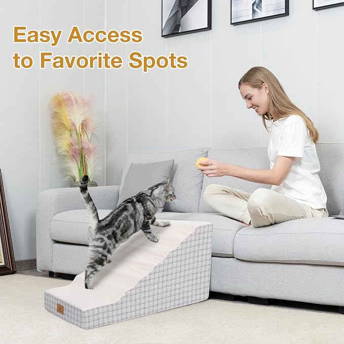 Pets Ramp for High Beds, Small Dogs & Senior Cats - Non-Slip Texture & Machine Washable Cover - Supportive Foam for Joint Comfort, Easy Climb for Couch, Sofa, Furniture (Beige)