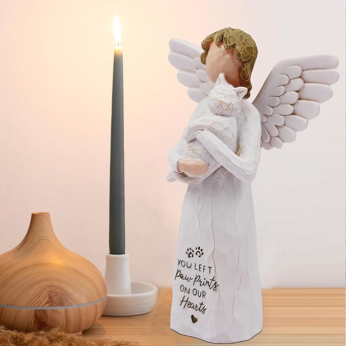 BORLESTA Cat Memorial Gifts for Loss of Cat, Pet Cat Remembrance Gifts, Loss of Cat Sympathy Gifts for Cat Mom, Passed Away Cat Gifts, Hand-Painted Figurines Angel Cat (White)