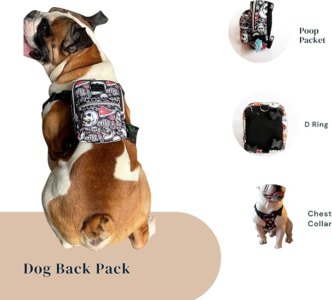 Pawlook Dog Backpack Harness – Street Smart | Waterproof, Adjustable, Breathable – Leash Attachment D-Rings, Poop Bag Pocket – Small & Medium Dogs – 8 Styles Skull Small