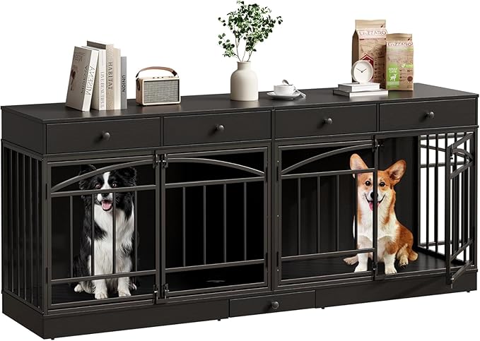 GAOMON Dog Crate Furniture for 2 Dogs, 78.7'' Large Dog Kennel Indoor with 4 Storage Drawers and Feeding Bowls, Double Dog Crate TV Stand for Small and Medium Dogs, Black