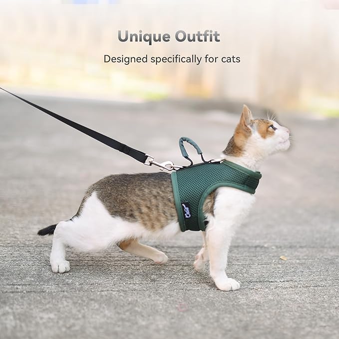 Cat Harness and Leash for Walking Escape Proof Breathable Mesh Fabric, Solid Green, Medium, Adjustable Cat Walking Jackets with Handle, Padded Stylish Cat Vest
