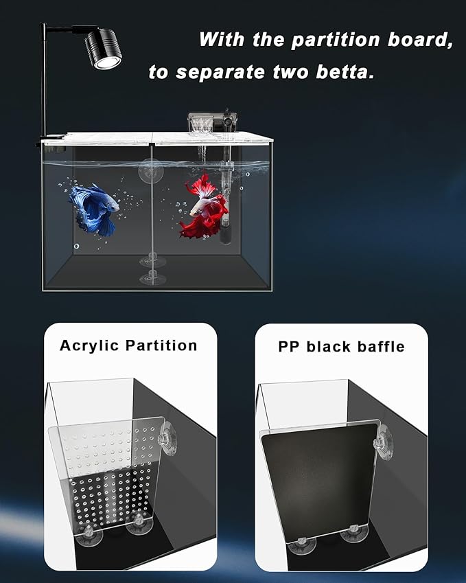 Fish Tank, 3 Gallon Ultra-Clear Glass Fish Aquarium, with Separator Plate for Betta, Fish Tank Starter kit with Filter and Led Light, Black