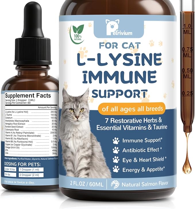 L-Lysine Supplement for Cats - Vitamins & Taurine for Immune Support & Allergy Relief - Lysine for Respiratory, Sneezing, Runny Nose, Eye Function - Natural Cat Antibiotic Drops - 60ML Slamon Flavor