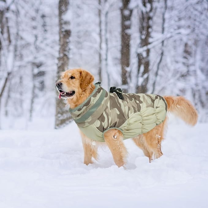Lelepet Warm Dog Winter Coat Dog Coats for Large Dogs Waterproof Dogs Jacket with Harness Built in Reflective Cold Weather Coats Zip-Up Winter Fleece Vest Snowsuit Boston Terrier Desert Camo L