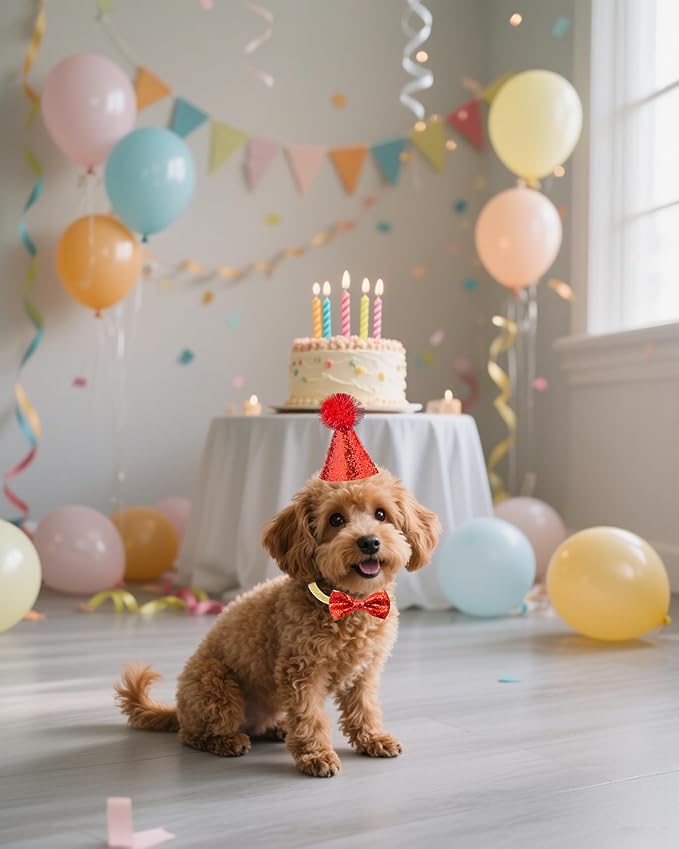 PET SHOW 20 Pack Mini Small Dog Birthday Hats Collar Bowties Glitter Set Adjustable Cat Party Headband and Bow Ties with Elastic Straps for Stuffed Animals Puppy Kitten Pet Costume Accessories