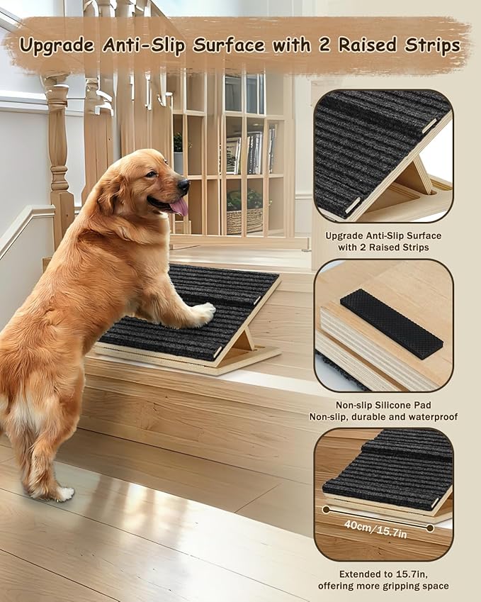 Foldable Wooden Dog Ramp for Stairs, Upgraded Non-Slip Dog ramps, 1 Pack for Dogs and Cats， Step and Stair for Injured and Elderly Pets（No Installation Required）