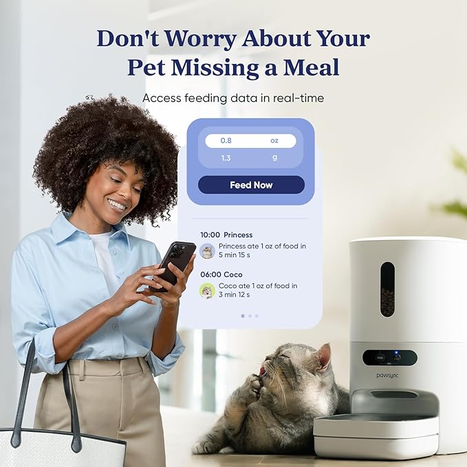 Automatic Cat Feeder, WiFi Smart Scale Tracks Pet's Food Intake, App Control, 3.6L Timed Food Dispenser for Cats and Dogs, Up to 10 Meals Per Day, Stainless Steel Bowl, Dual Power Supply