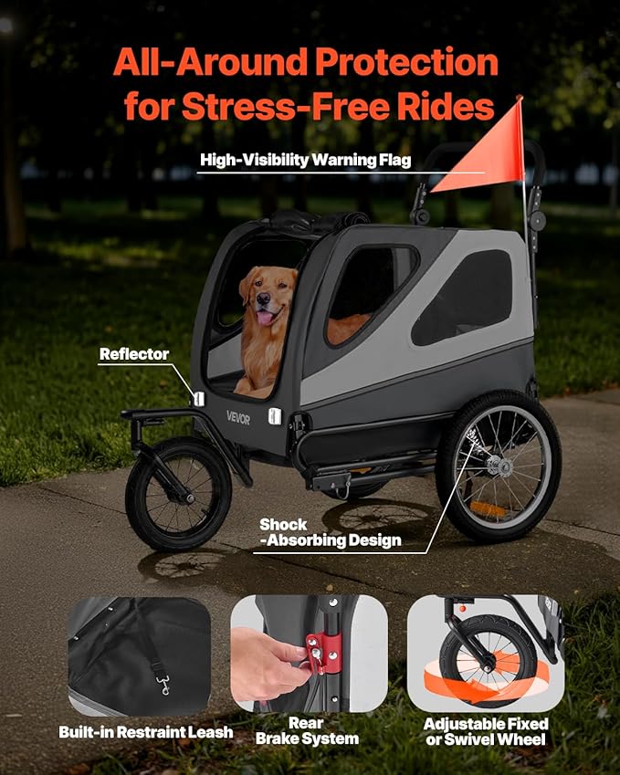 VEVOR Dog Bike Trailer, Supports up to 66/88/100 lbs, 2-in-1 Pet Stroller Cart Bicycle Carrier, Easy Folding Cart Frame with Quick Release Wheels, Universal Bicycle Coupler, Reflectors, Flag