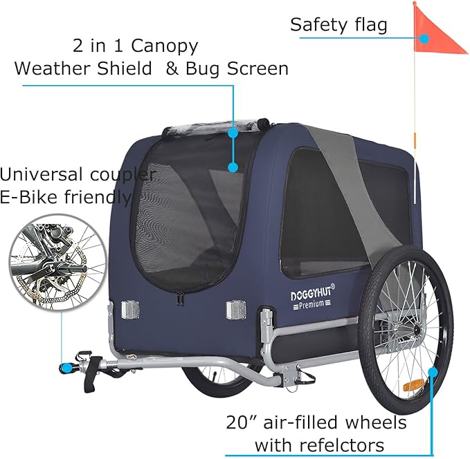 DOGGYHUT® Premium Large Pet Bike Trailer for Medium or Large Dog, Up to 78 lbs,Dog Bicycle Carrier,Low Center of Gravity,Easy Folding Frame