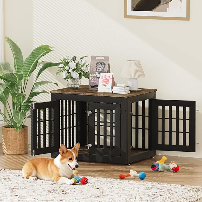 32" Heavy Duty Dog Crate Furniture for Small,Medium and Large Dogs,Rustic Wooden Dog Cage Kennel Indoor Furniture with Waterproof Top,Decorative Pet House Side End Table (Black & Wood)