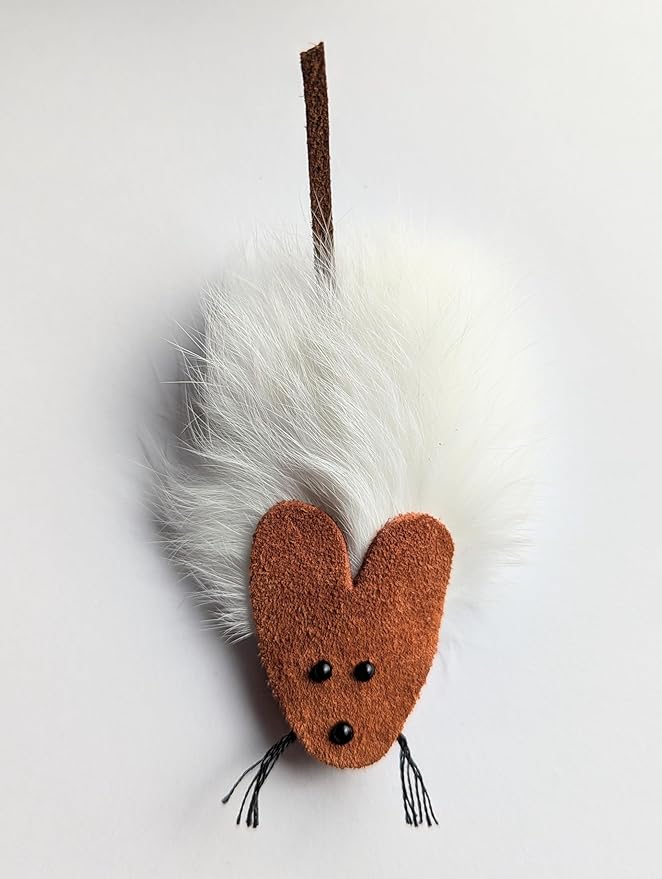 The Original, Trademarked, Flat Rat Cat Toy Made of Real Rabbit Fur and Suede Leather (White)