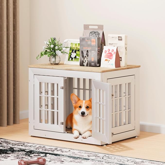 32" Heavy Duty Dog Crate Furniture for Small,Medium and Large Dogs,Rustic Wooden Dog Cage Kennel Indoor Furniture with Waterproof Top,Decorative Pet House Side End Table (White & Wood)