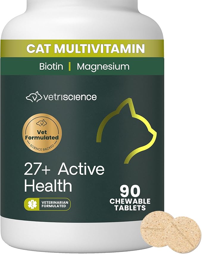 VetriScience 27+ Active Health Chewable Tablets, Nu Cat Daily Multivitamin for Cats and Kittens, Balanced Vitamins, Minerals and Antioxidants, Health and Wellness Support, Fish, 90 Count