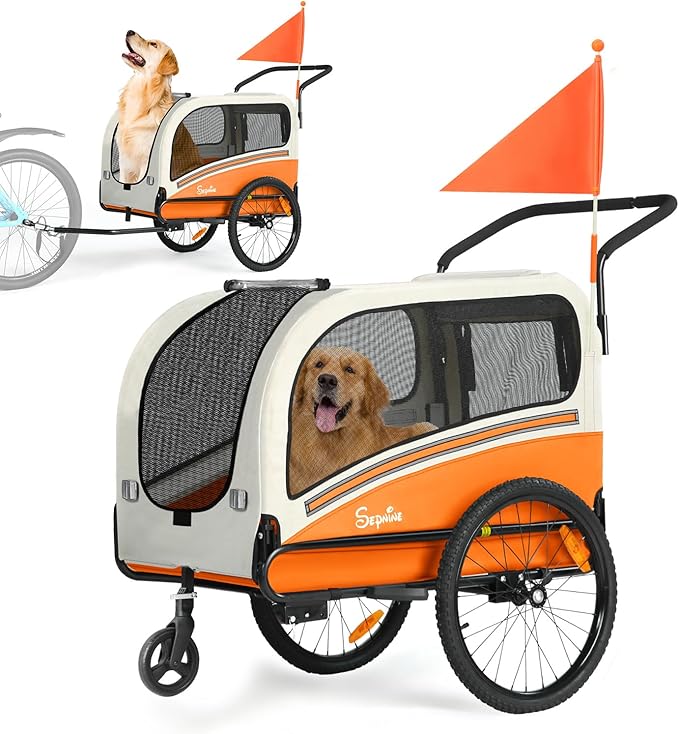 Sepnine Dog Bike Trailer, Supports up to 110 lbs, 2-in-1 Pet Stroller Cart Bicycle Carrier, Easy Folding Cart Frame with Quick Release Wheels, Universal Bicycle Coupler, Non-Slip Floor, Internal Leash