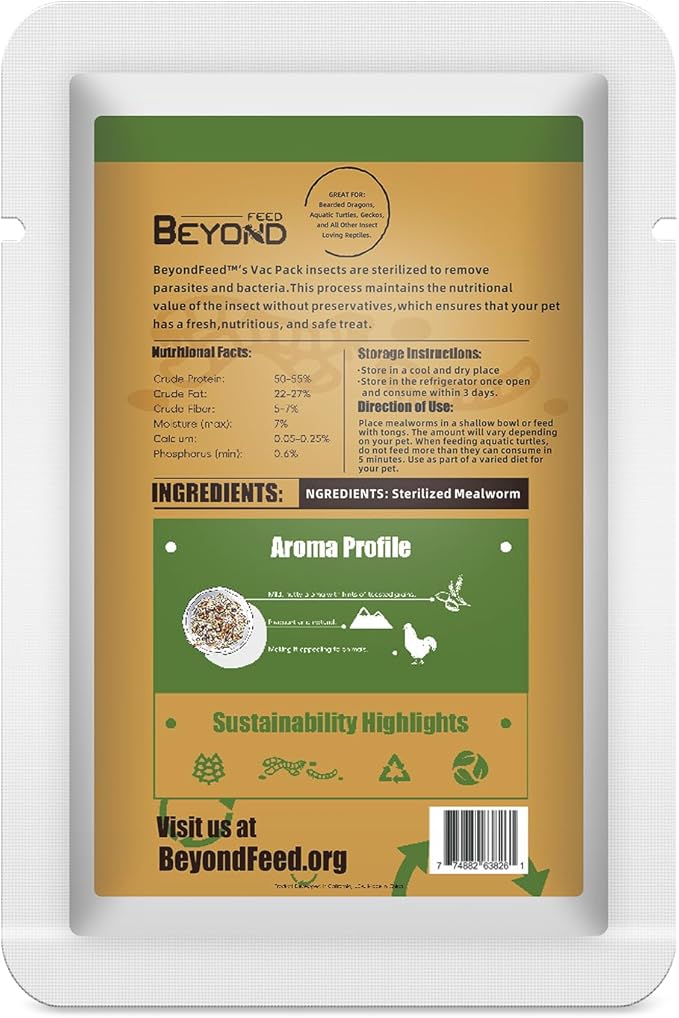 BeyondFeed™ Fresh Feeder Vac Pack Mealworms, All Natural and Preservative-Free, Ideal for Insect-Eating Reptiles, Birds, Tropical Fish, and Small Animals, 0.7 oz/ 20g *6 Packs Bundle