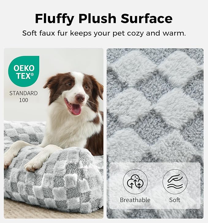 Made4Pets Dog Couch Bed, Soft Faux Fur Checkered Indoor Pet Sofa, Comfortable Fluffy Dog Sofa with Supportive Foam, Removable Washable Cover with Non-Slip Base, Grey, Large