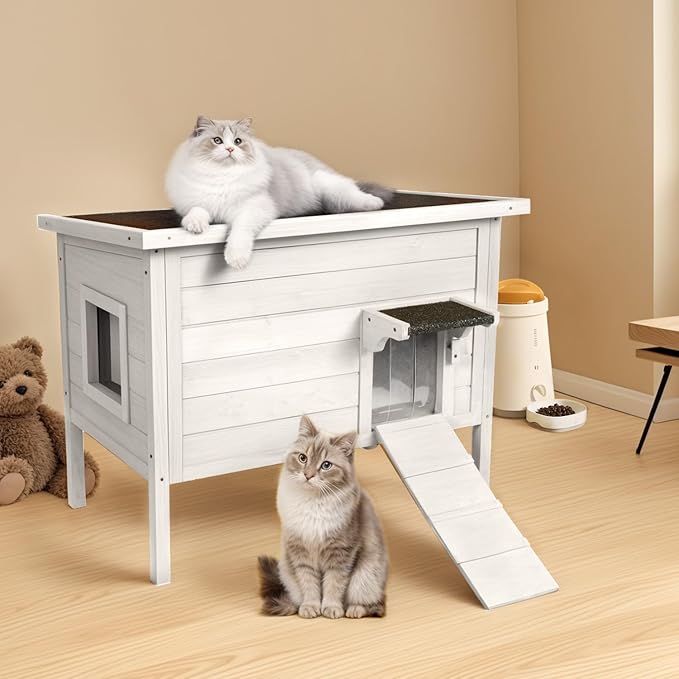 BRIOPAWS Outdoor-Cat-House-Insulated | Feral-Cat-Shelter for Winter | Weatherproof | Large Wooden Pet House for Multiple Cats | Foldable Ladder | Acrylic Side Window | White