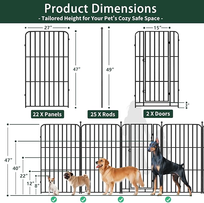 Metal Dog Playpen 47" 24 Panels with 2 Doors for Medium Large Dogs, Indoor Outdoor Exercise Pen for Yard RV Camping, Thickened Steel Tube, Gravity Lock & Ball Head Iron Rods