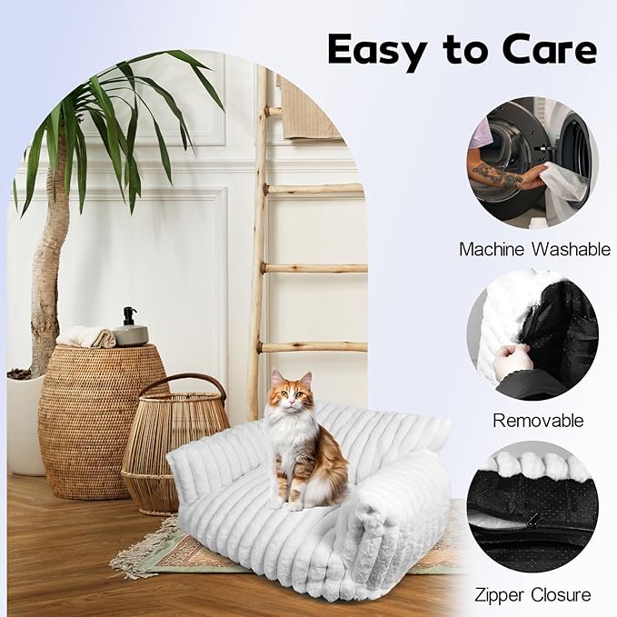 Cat Couch for Pets - Cute Cat Beds for Indoor Cats with Removable Cover, Washable Soft Corduroy Plush, Fluffy Supportive Pet Sofa Chair for Cats, 24 inch White