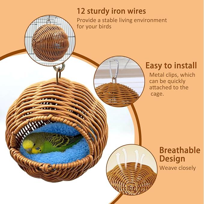 Rattan Bird Nest for Cage，Hanging Parakeet Bed Hammock Hideout Lay Eggs Canary Nest Sleep Parakeet Warm House Hut Parrot Cage Accessories for Cockatiel Budgerigar Finche Canaries