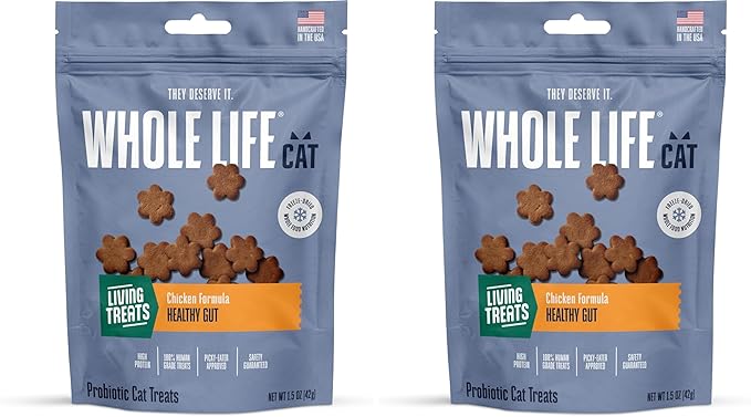 Whole Life Pet Living Treats for Cats – Healthy Gut with Chicken and Yogurt – Human Grade, Probiotics, Easy Digestion, Sensitive Stomachs - Made in The USA (Pack of 2)