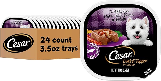 Cesar Loaf & Topper in Sauce Wet Dog Food, Filet Mignon Flavor with Bacon & Potato, Wet Food for Dogs, 3.5 oz Easy Peel Trays, 24 Count