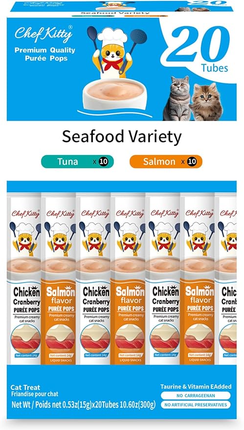 Cat Treats Lickable | Grain-Free Tuna & Salmon Cat Treats | Creamy Puree Squeeze Ups with Vitamin E & Taurine, Digestible Formula | 0.5 oz. Each Tube, Seafood Mix Variety | 20 Tubes