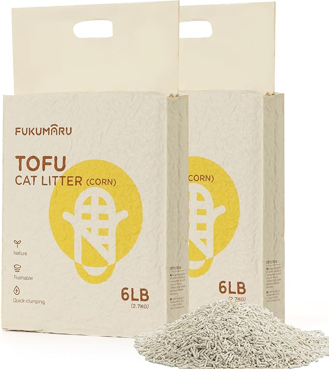 FUKUMARU Tofu Cat Litter - Septic Safe Corn Starch Blend, Flushable & Dust-Free, Quick Clumping, Superior Odor Control, Unscented, All-Natural, Low Tracking Pellets, Lightweight, 12 LBS (2 Packs)
