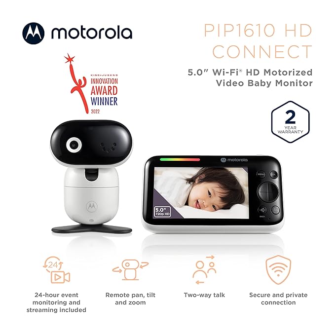 Motorola Nursery WiFi Baby Monitor with Camera, 5" Screen, Wall Mount, Long Range, 2-Way Audio, Temperature Sensor, Motorized, Lullabies, PIP1610 HD Connect