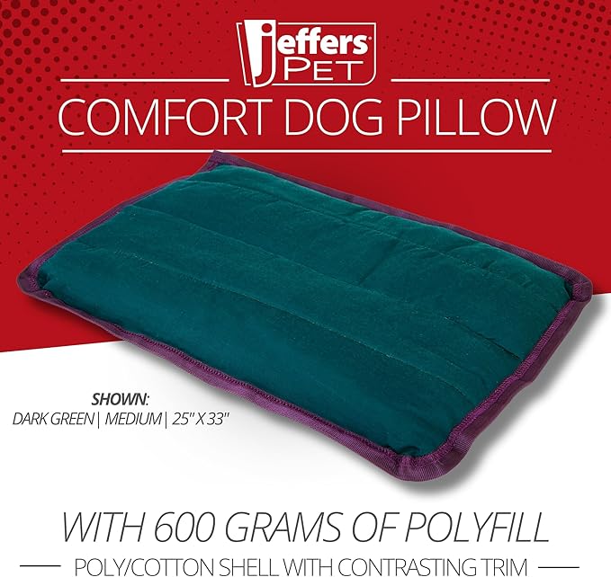 Jeffers Pet Comfort Dog Pillow, Medium 25" x 33", Dark Green – Machine Washable Dog Bed for House, Sofa, Crate & Travel – Poly Cotton Shell, Winter Warmth, Soft, Comfy, Durable, Top Pet Bedding
