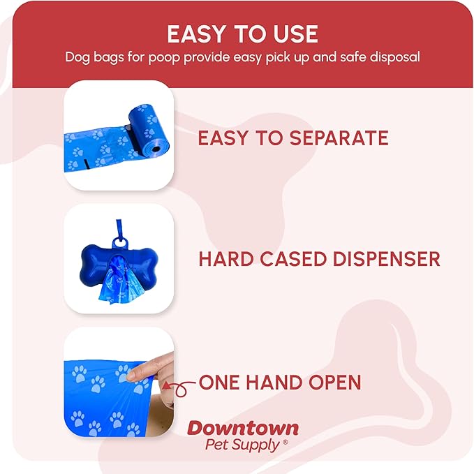 Downtown Pet Supply Poop Bags for Dogs with Dispenser, 220 Count - Leak-Proof Dog Waste Bags and Bone-Shaped Dog Poop Bags Holder for Leash - Rainbow with Paw Prints, 12.5" x 8.5"